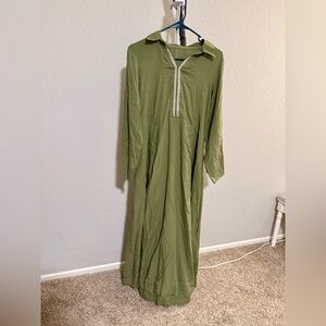 100% Cotton Green Long Sleeve Dress with Embellished Front